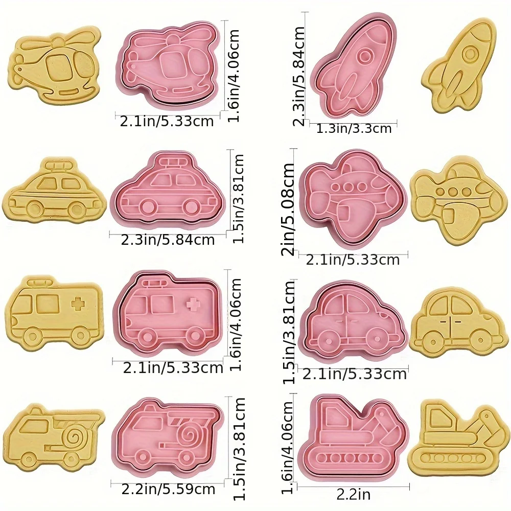 8Pcs Set Cookie Cutter Stamp Aircraft, Cars,Vehicle Cartoon Pressable Biscuit Mold Confectionery Baking Pastry Tools