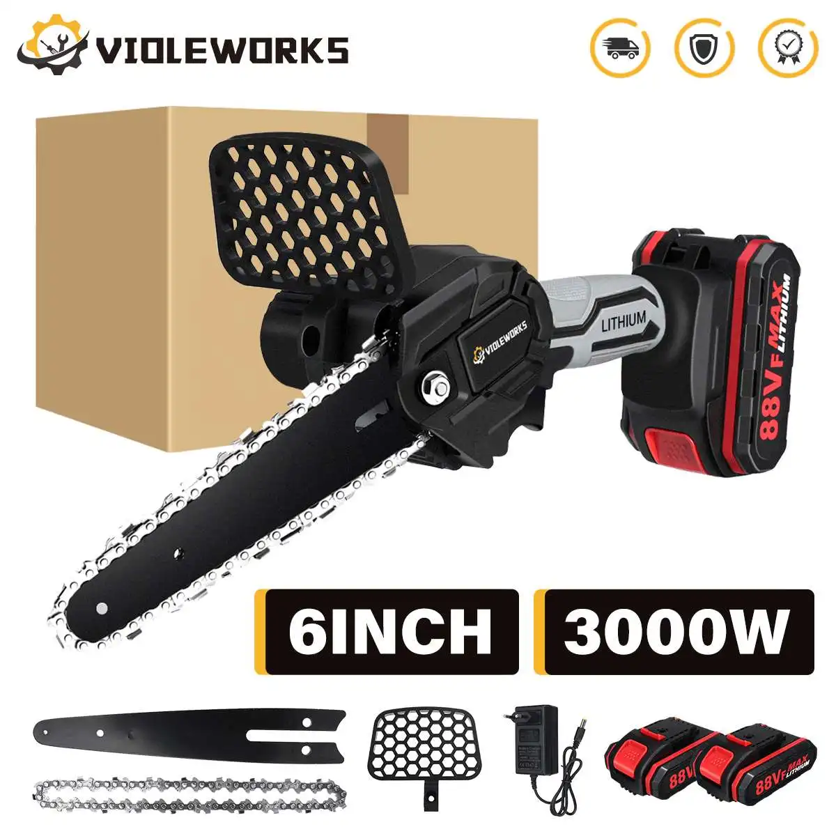 VIOLEWORKS 6 Inch Cordless Mini Chain Saw Portable Handheld Pruning Saw Rechargeable Electric Saw Woodworking Cutting Tool