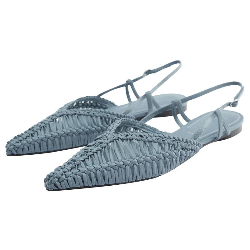 2024 Autumn Women Shoes Slingbacks Flats Shoes Buckle Pointed Toe Female Woven Roman Sandals Chaussures Femme Blue Lady Shoe