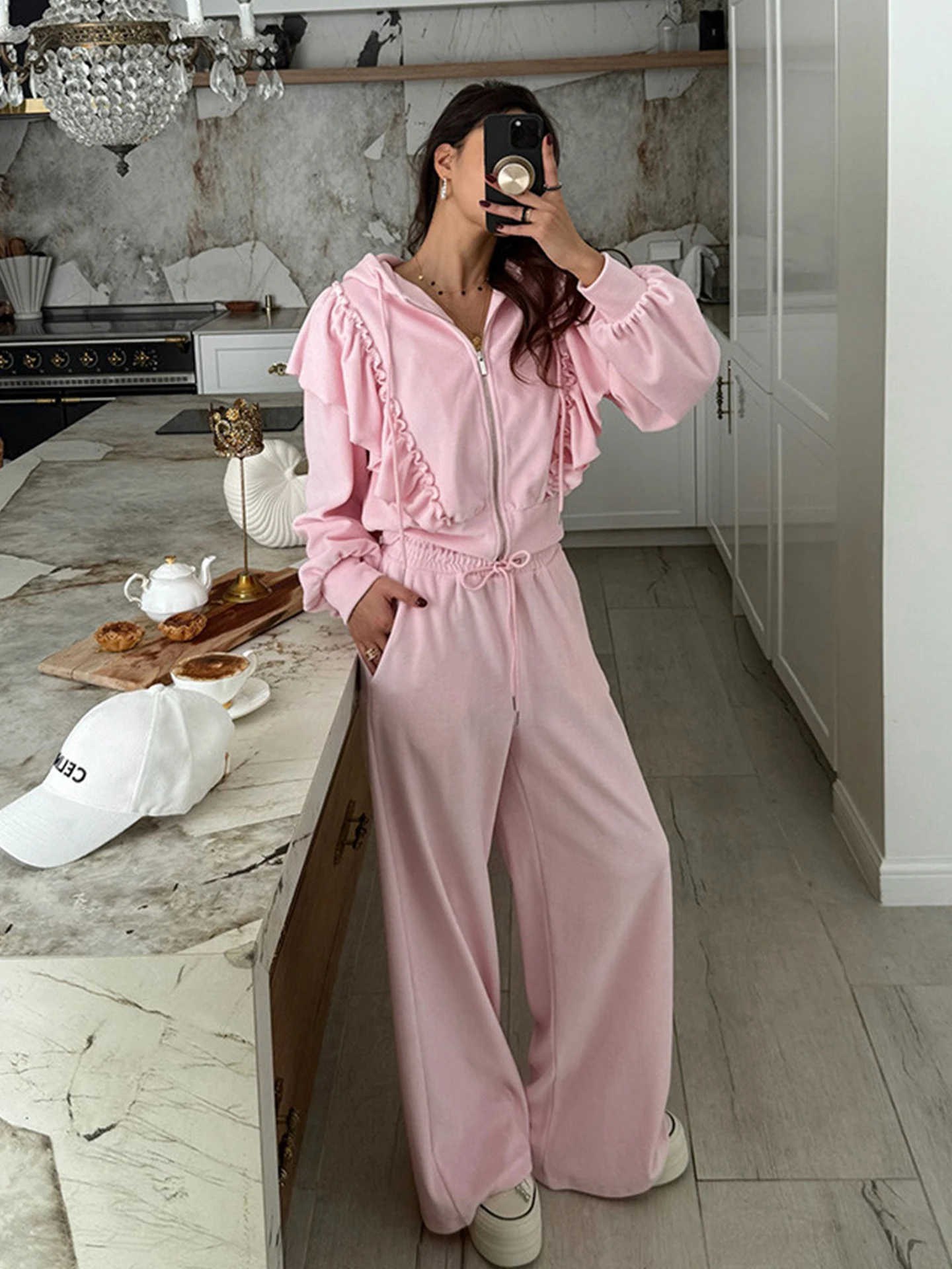 Chic Autumnal Hoodie Jacket And High Waist Wide Leg Pants Set for Women with Lace Trim Casual Fashion Outfit Two Piece Set