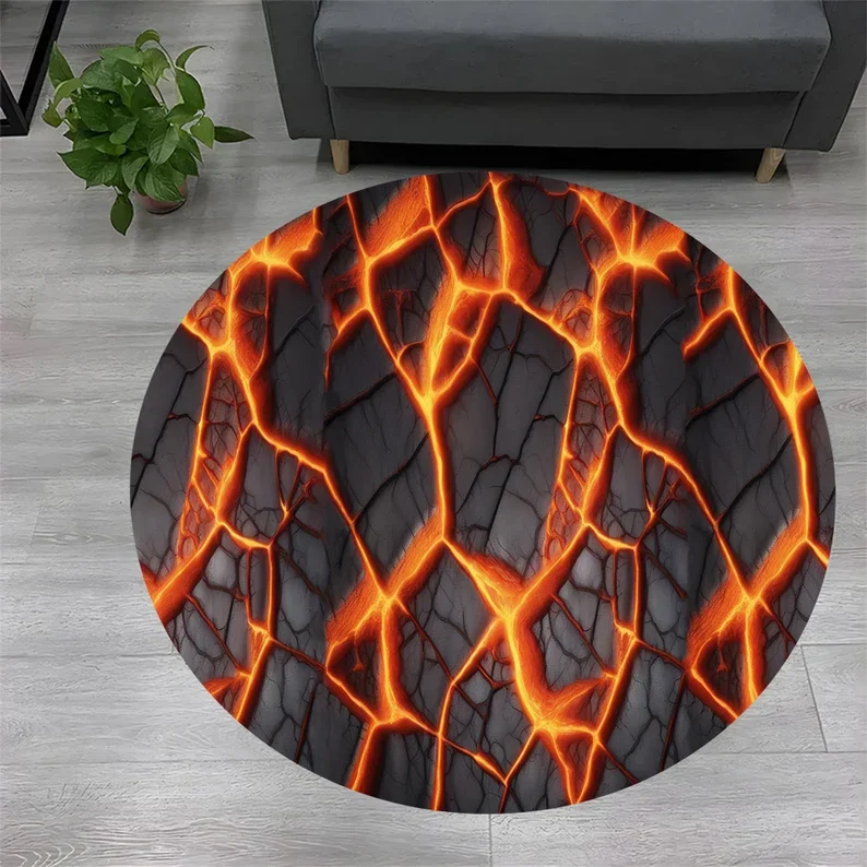 Eye‑Catching Volcanic Lava Crack Magma Print Round Floor Mat, Glowing Cracked Rock‑Inspired Art Rug, Non‑Slip for Stylish Home