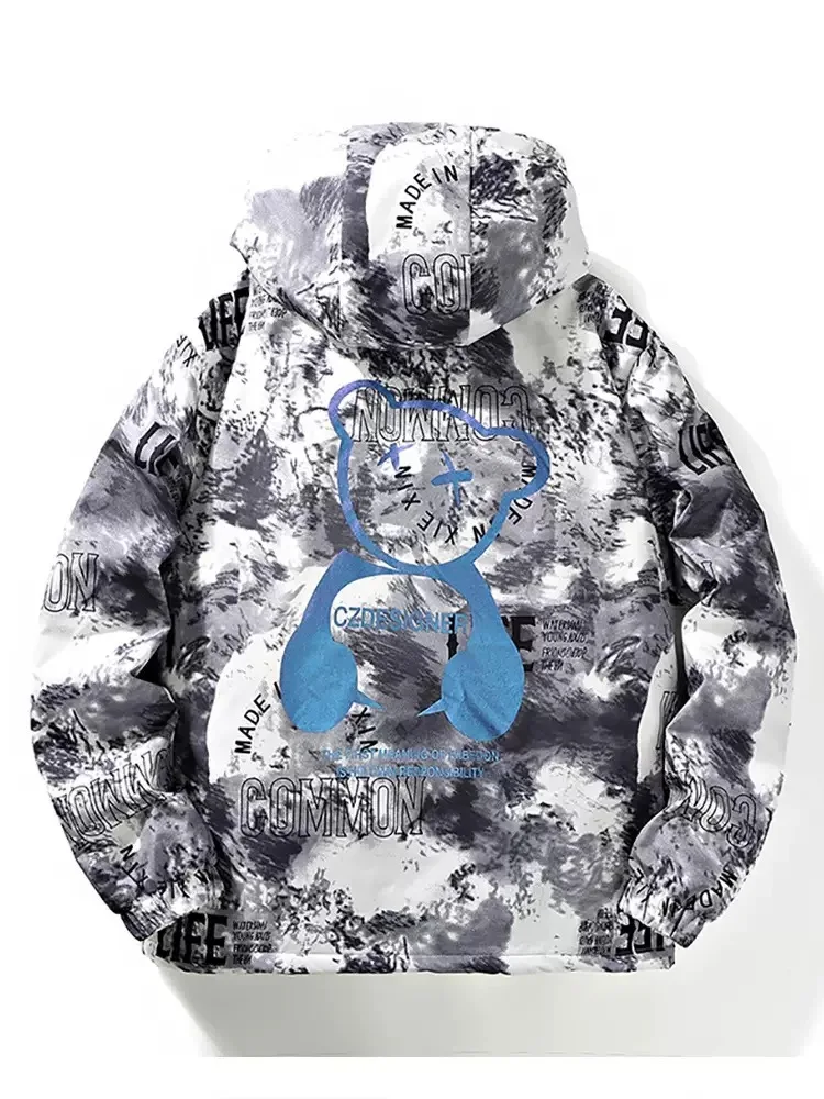 Autumn and Winter New Fashion Trend Printed Thickened Warm Hooded Jacket Men's Loose Sports Windproof High Quality Coat M-6XL