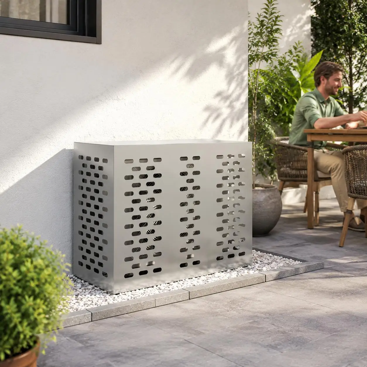 Cache de climatisation en acier galvanisé, boîtier de protection métallique argenté pour condenseur extérieur, dimensions 110x50x80 cm, enveloppe robuste pour installations de jardin et terrasses