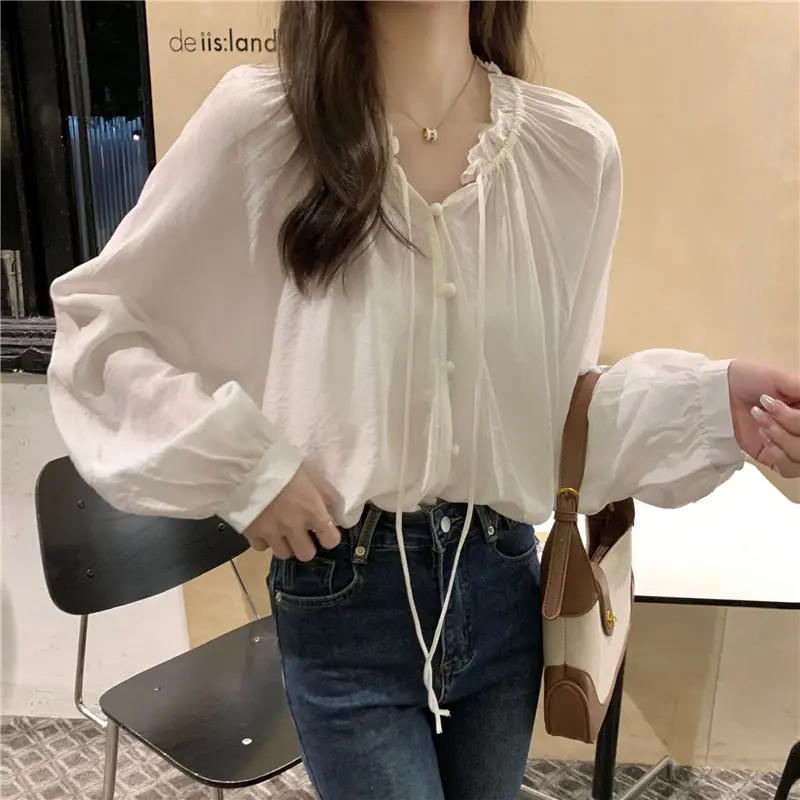 French Style Lace Up Shirt for Women New Chiffon Women\'s High-end Style Long Sleeved Short Loose Top