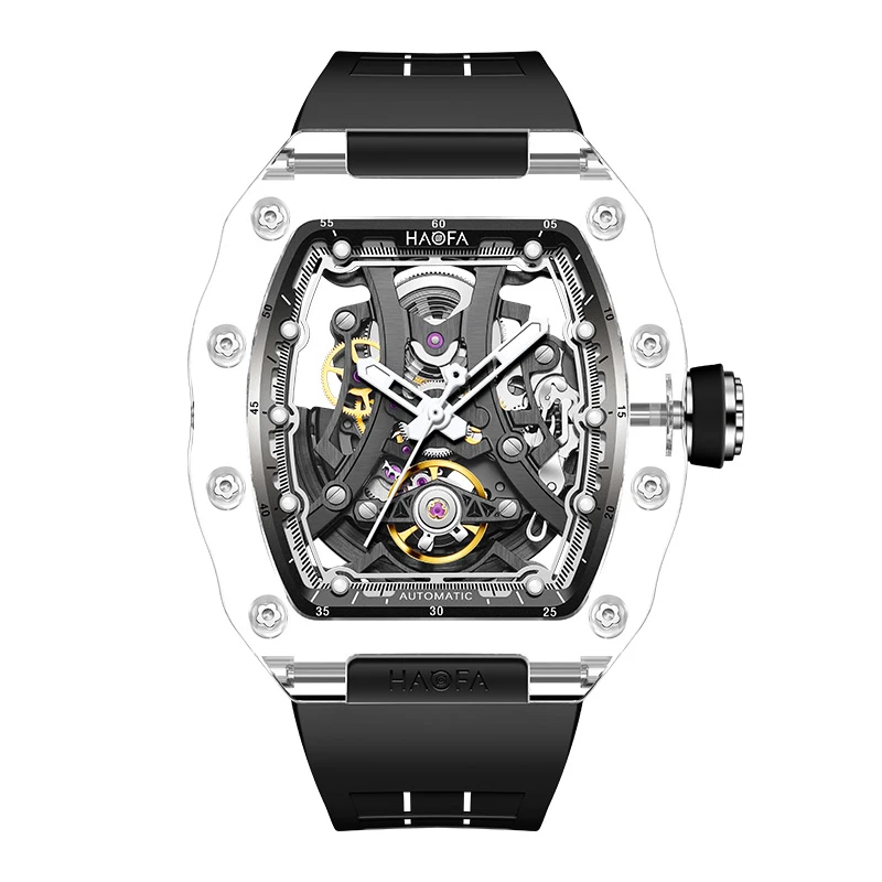 Haofa Transparent Crystal Mechanical Watch Unique Dial Automatic Hollow Movement Wristwatch for Men Luminous Mens Watches 2326