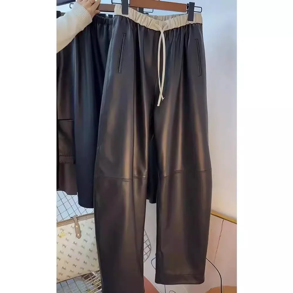 2024 Autumn/Winter Fashion New Style~Genuine Leather Pants~Casual Pants Women's Loose Pants Black Straight Tube Matte Women's