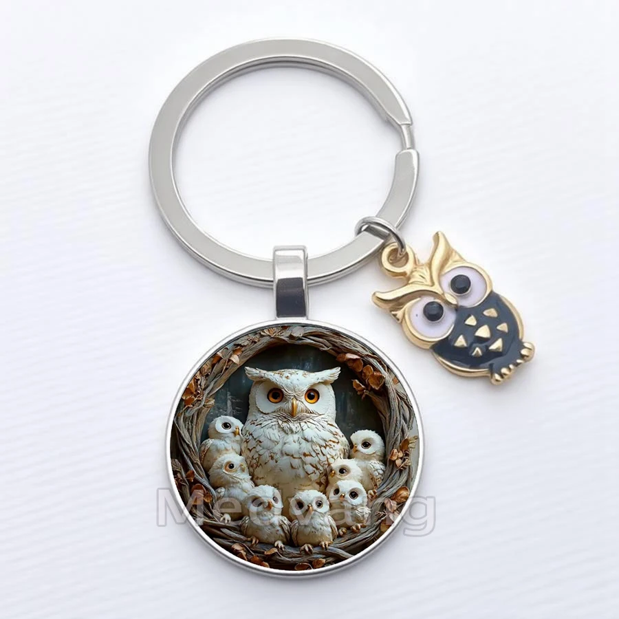 2026 Retro Owl Keychain Owl Family Pattern Glass Keychain Gift Wholesale view 6
