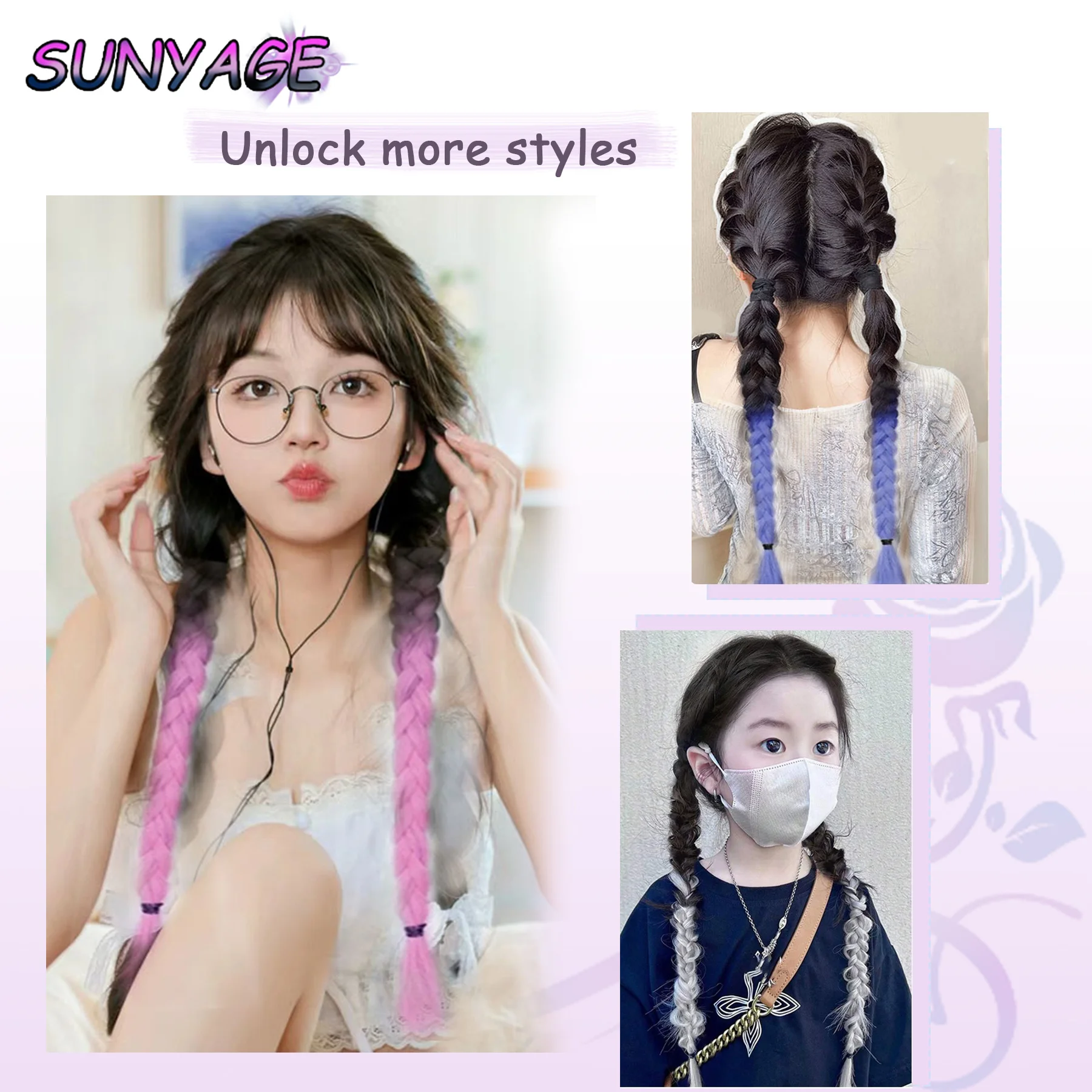 SUNYAGE rambut kepang sintetis imut, rambut poni ganda, warna gradien, cocok untuk pertemuan sehari-hari, dopamin