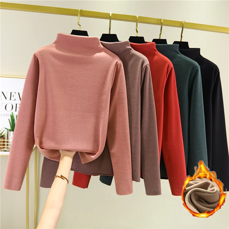 Dralon Half-Collar Long-Sleeved T Shirts Women Autumn Winter  Velvet Padded Inner Top Double-Sided h Warm Bottom T Shirt