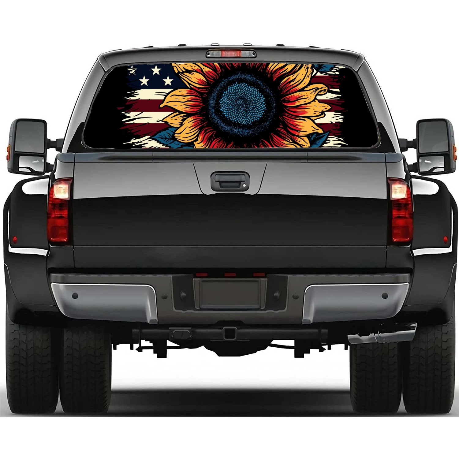 Sunflower With American Flag Rear Window Decal Fit Pickup,Truck,Car Universal See Through Perforated Back Windows Vinyl Sticker