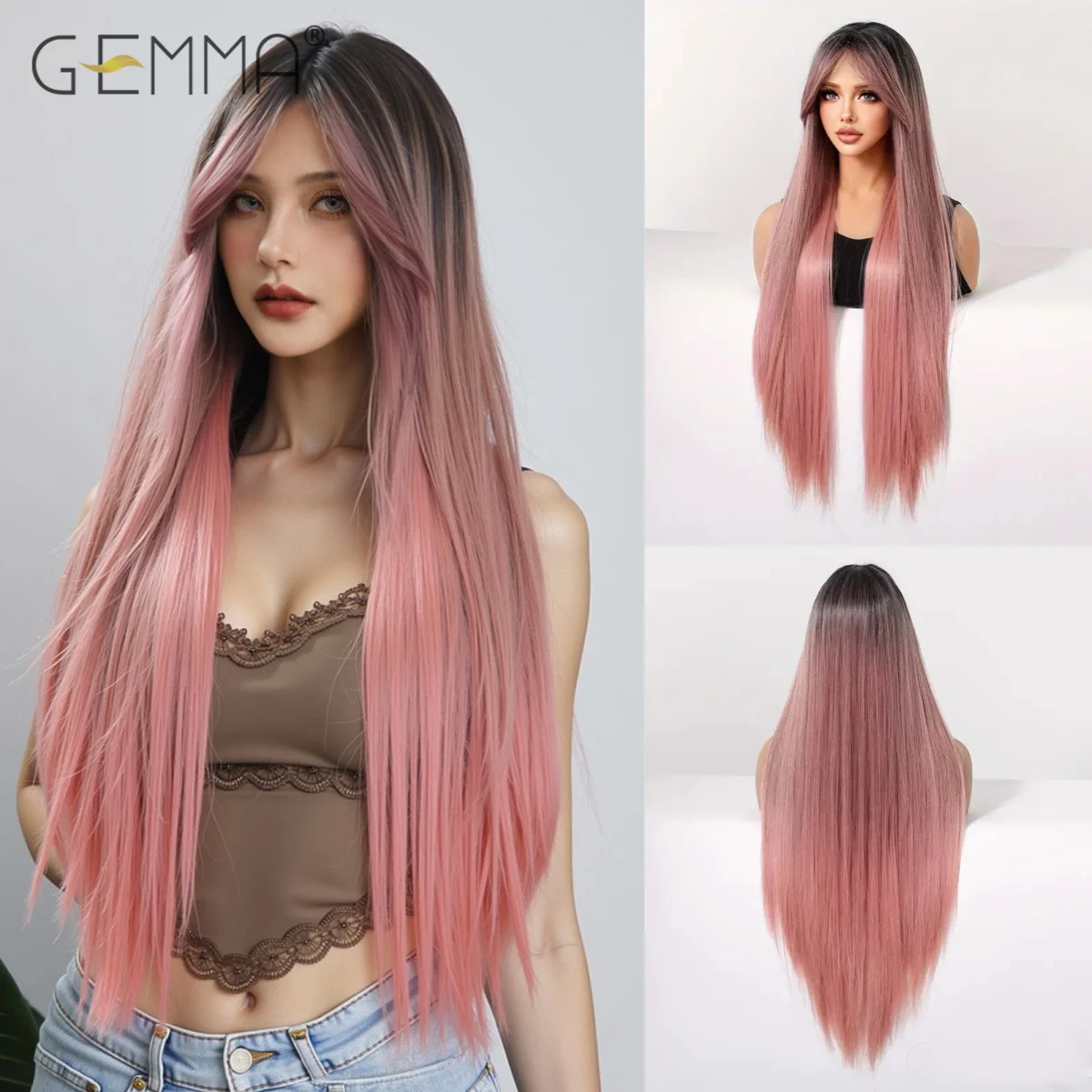 30Inch Synthetic Ombre Pink Wig with Long Bangs Pink Super Long Straight Wigs for Women Heat Resistant Christmas Cosplay Hair