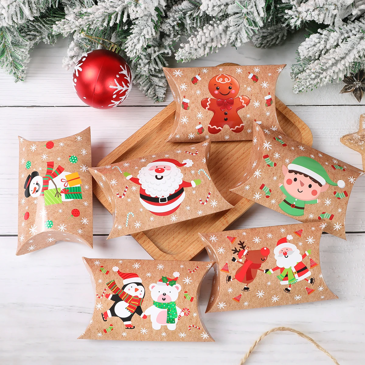 Christmas Pillow Shape Candy Box Merry Christmas Decoration Kraft Paper Gift Box Packing Kids Favors Happy New Year Navidad 2024