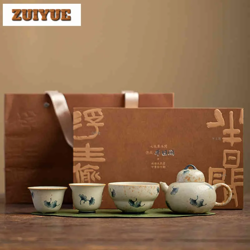 

Blue And White Hand-painted Ginkgo Leaf Tea Set Complete Set Retro Tea Ceremony Set Teapot And Tea Cup Set Tea Services Craft