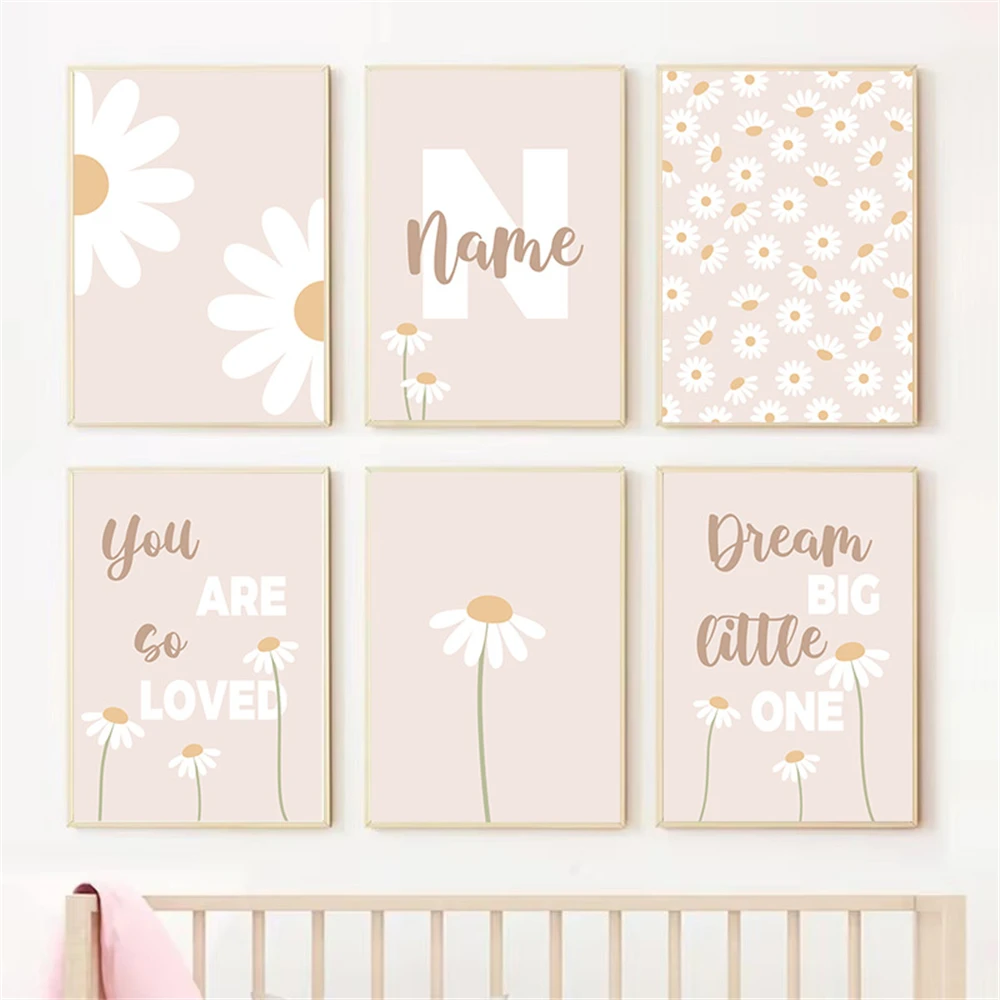 Pink Poster Wildflower Daisy Canvas Painting Custom Name Wall Art Print Nursery Posters Nordic Wall Pictures Girls Room Decor