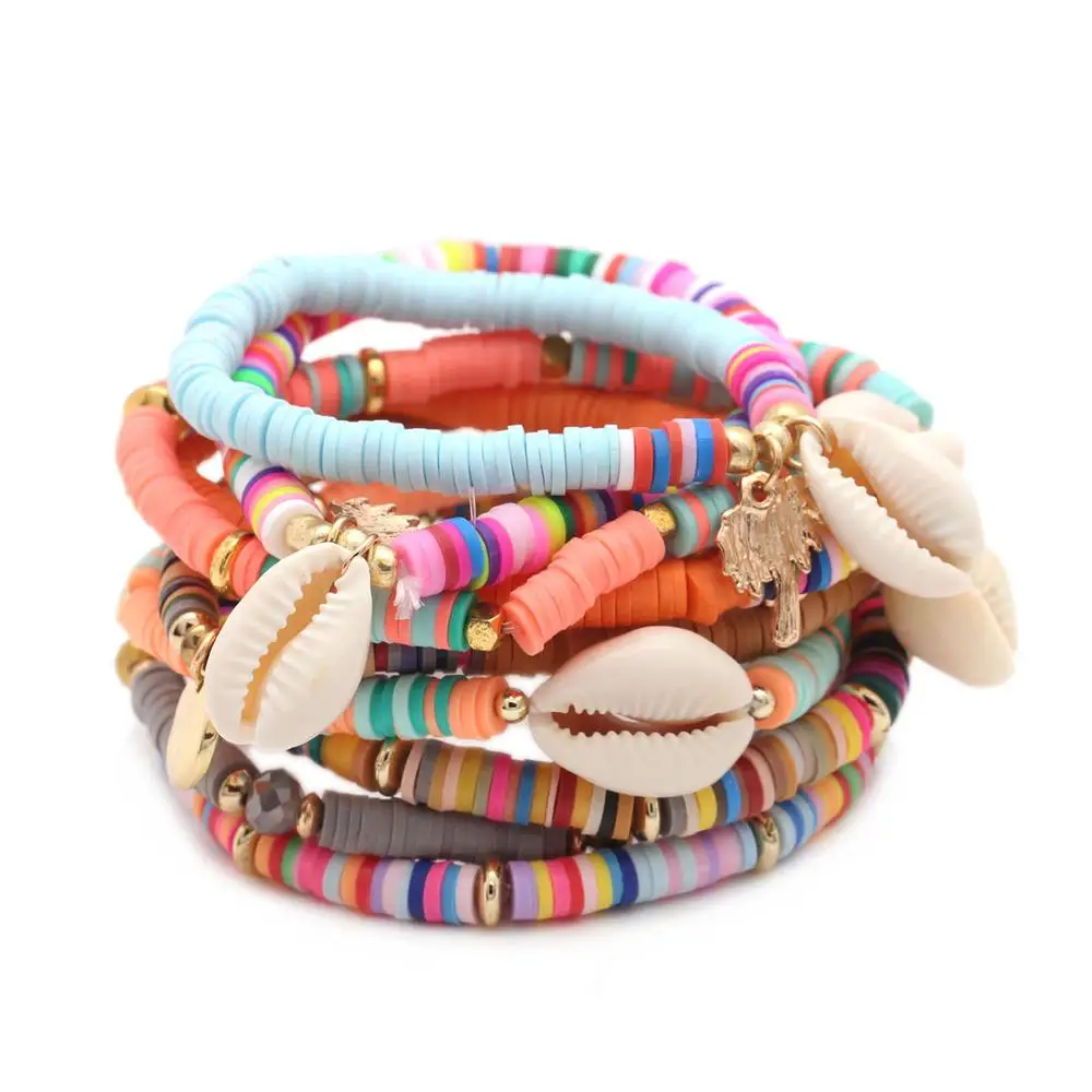 Boho Multicolor Polymer Clay Heishi Beads Cowrie Seashell Palm Charm Stretch Bracelet Women Sea Fans Conch Surf Jewelry Gift