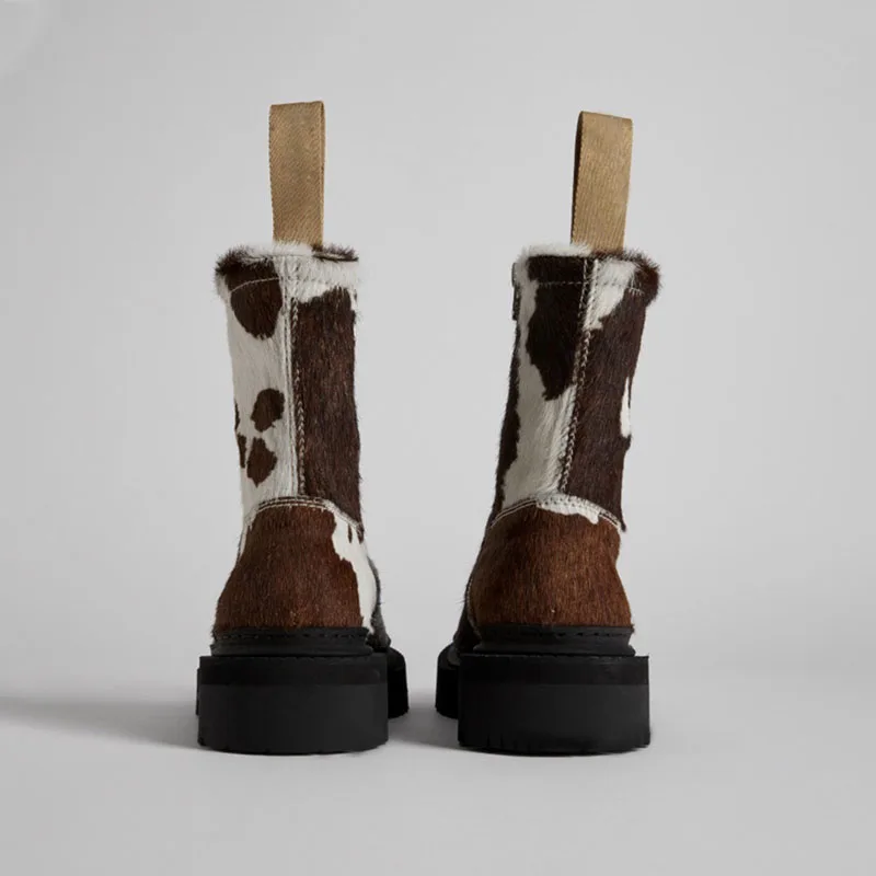 Fashion Milk Horsehair Ankle Boots Round Toe Woman Chelsea Booties Low Chunky Heel Femme Boots