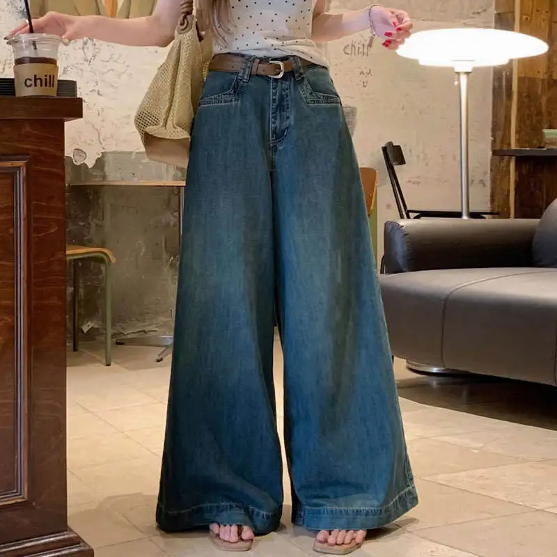 

Широкие джинсы с высокой талией в стиле ретро, женские американские джинсы, новые свободные драпированные длинные брюки длиной до пола, прямой крой, скрывающие мясо