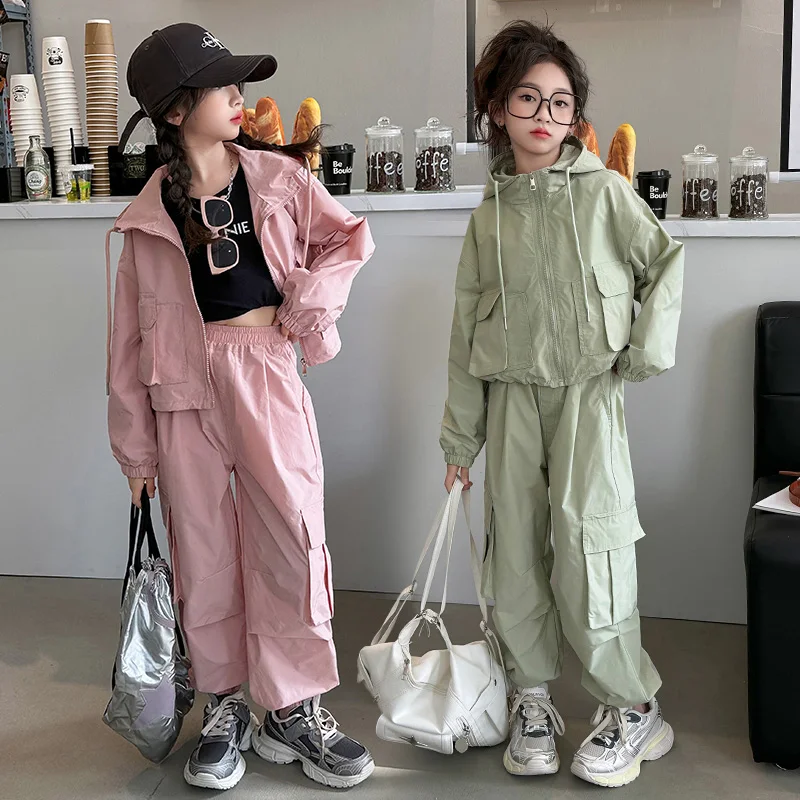 

autumn teen girls casual clothes set hooded zipper jacket+cargo pants 2pcs junior kids suit child outfits 4-14-18 ensemble fille