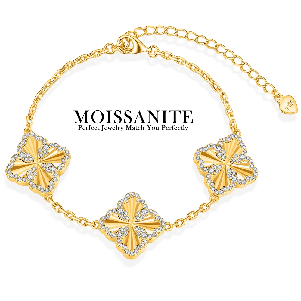 

0.3CTW Moissanite Clover Bracelet 925 Sterling Silver 18K Gold Plated Four Leaf Lucky Jewelry Women with GRA Certificate