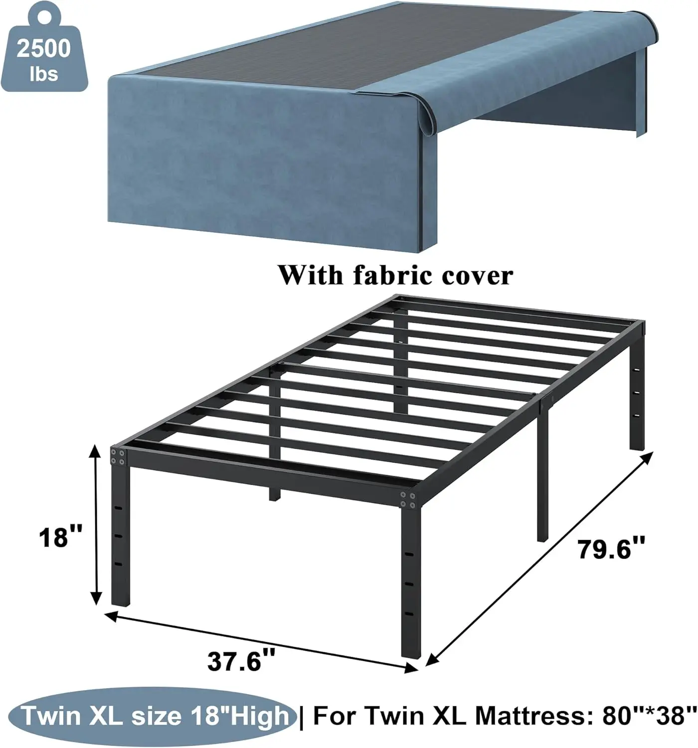 18 Inch Twin Xl Bed Frames, The Metal Platform Bed Frame Xl Twin Size With Fabric Cover Set, Heavy Duty Steel Slats Support, No