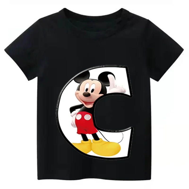 2024 New Summer Letter Combination Children High Quality T-shirt Disney Mickey Mouse Font A B C D E F Short Sleeve Kids Tshirt