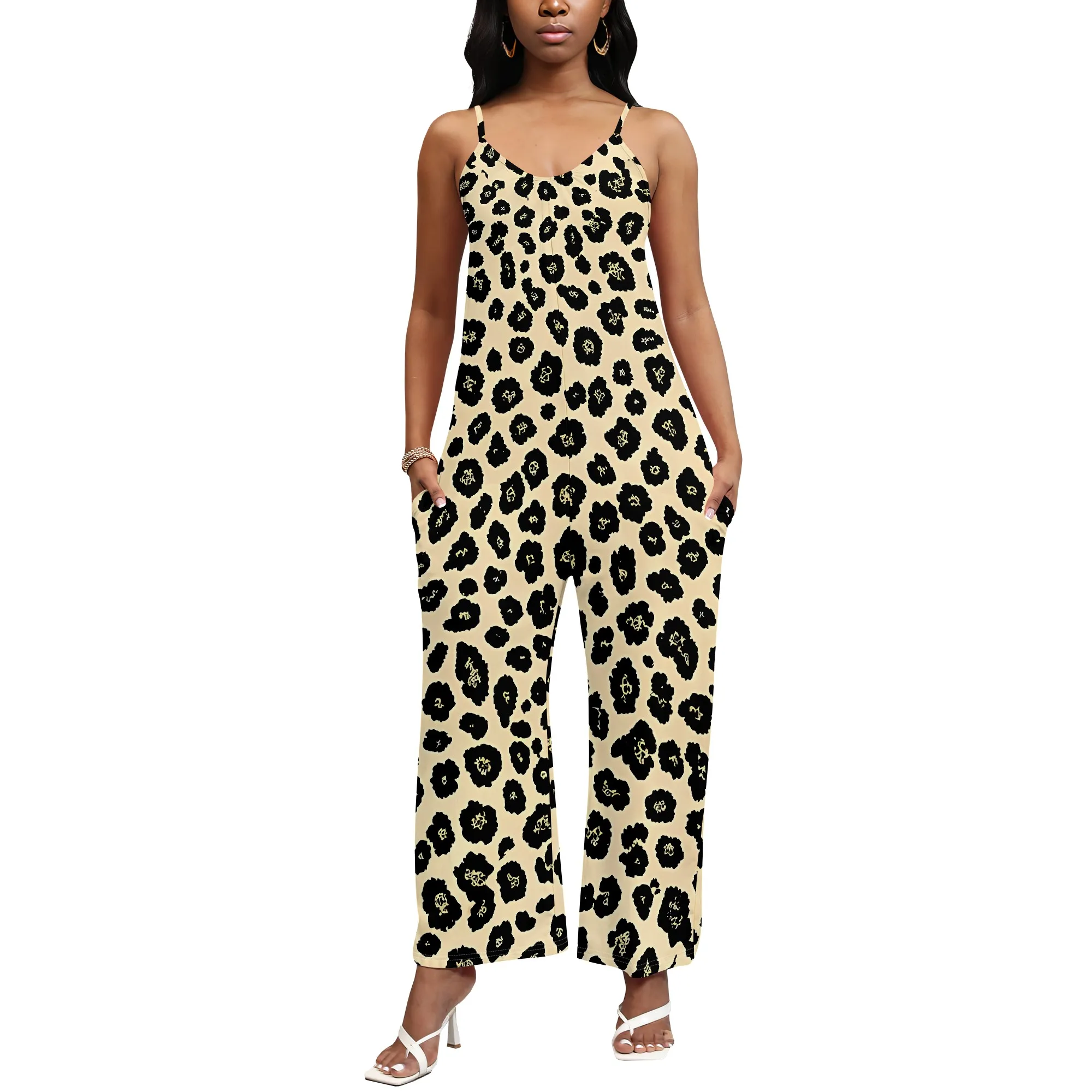 EQQZD Macacão sem mangas com decote em V e alça espaguete com pernas largas e bolsos, macacão elegante e simples com estampa de leopardo para mulheres