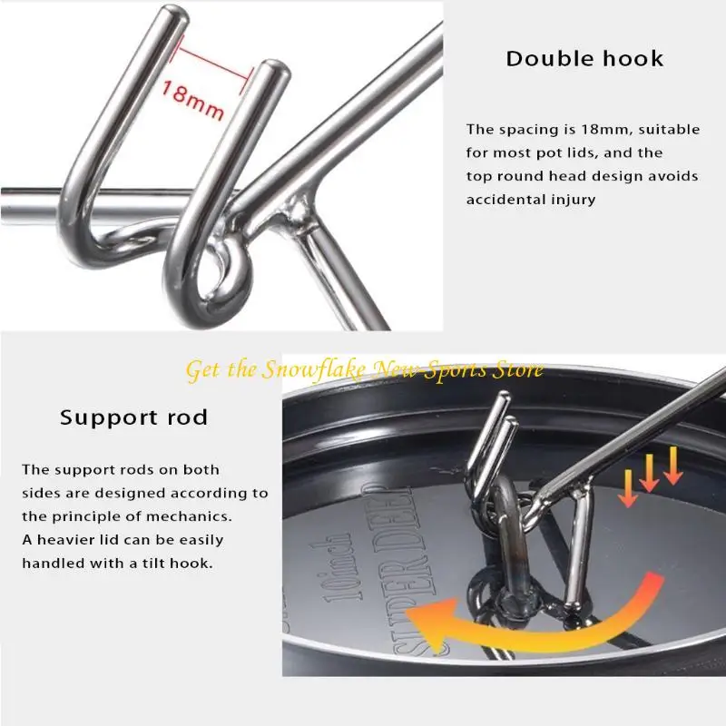 E56D Oven Lid Lifter Stainless Steel Double Hook Oven Lid Wooden Handle Lifter Tool Anti-rust Lifter Camping Hiking Equipment