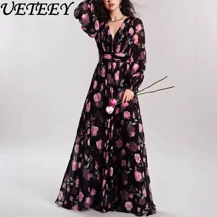 봄과 가을 새로운 프랑스 복고풍 V 넥 로즈 프린트 드레스 휴가 스타일 하이 웨이스트 슬림 긴 소매 플레어 롱 드레스