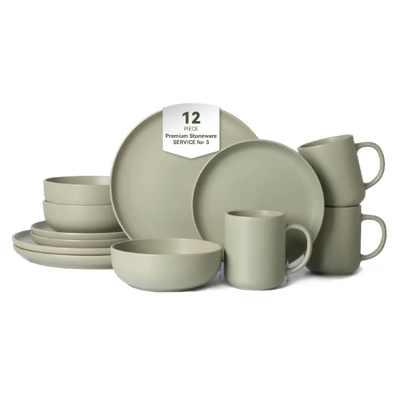 

Stackable 12-Piece Stoneware Dinnerware Set - Non-Toxic Microwave Safe Matte Glaze Plates Bowls with Safety Certification