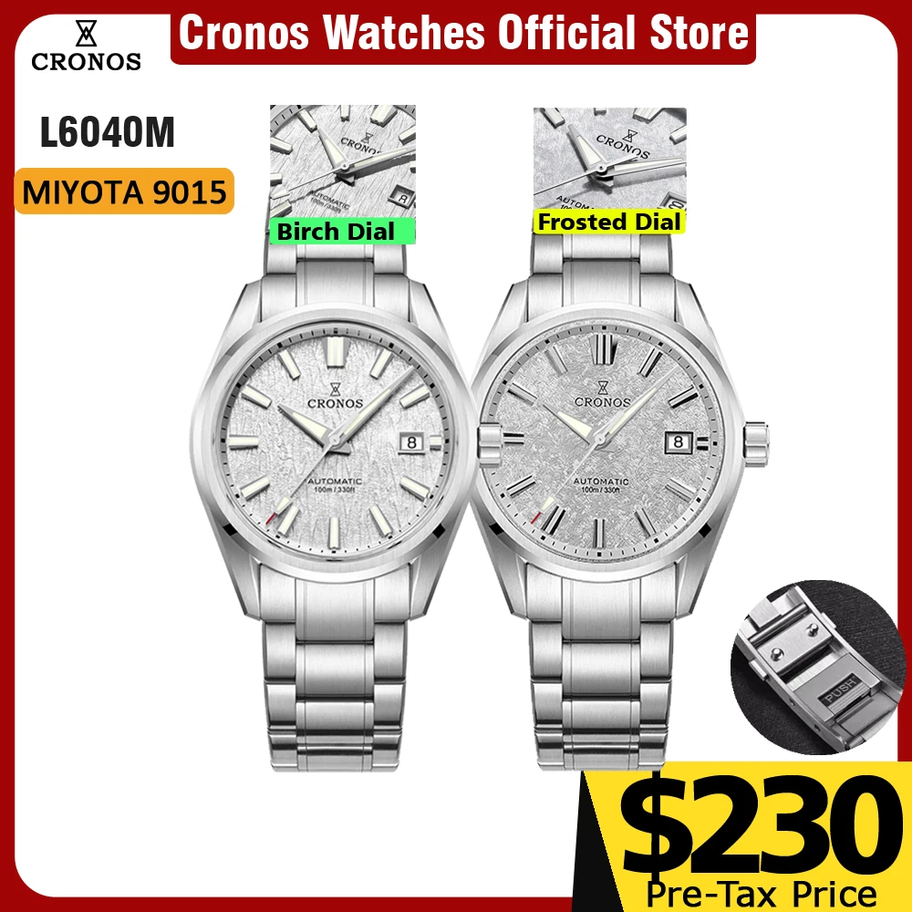 

Мужские часы Cronos, 39 мм, автоматические наручные часы с механизмом Miyota 9015, белый циферблат, специальный узор, сплошные звенья, сапфир, 10 атм, L6040 мм