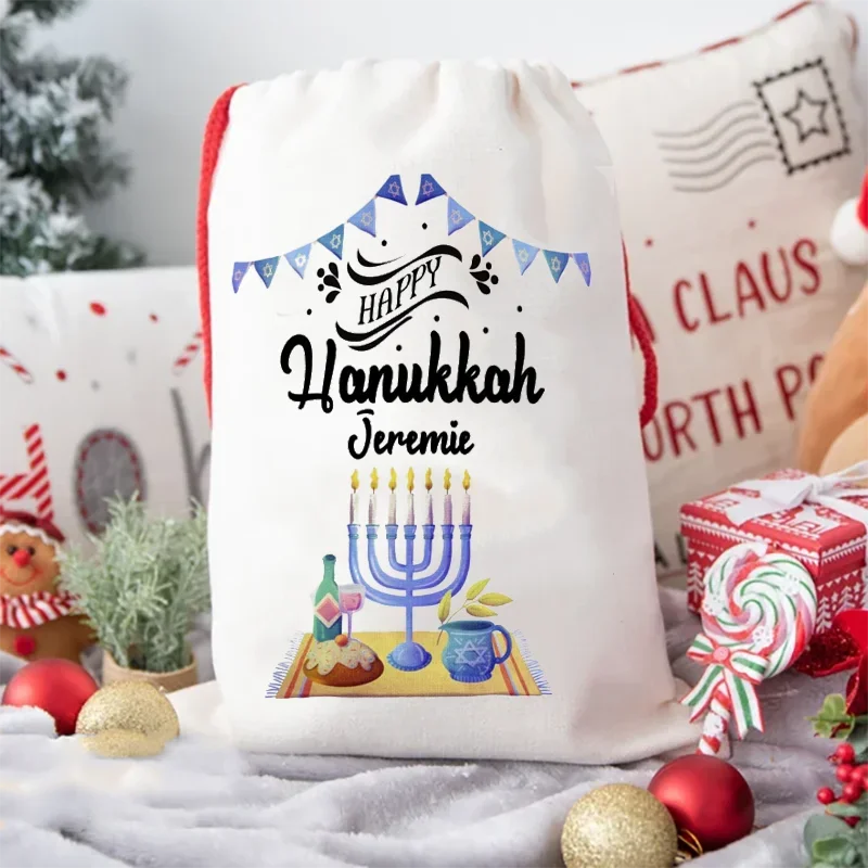 30x40cm Personalized Hanukkah Gift Stocking Bag Custom Name Blue Hanukkah Christmas Santa Sack 2024 Gift for Kids Boys Girls