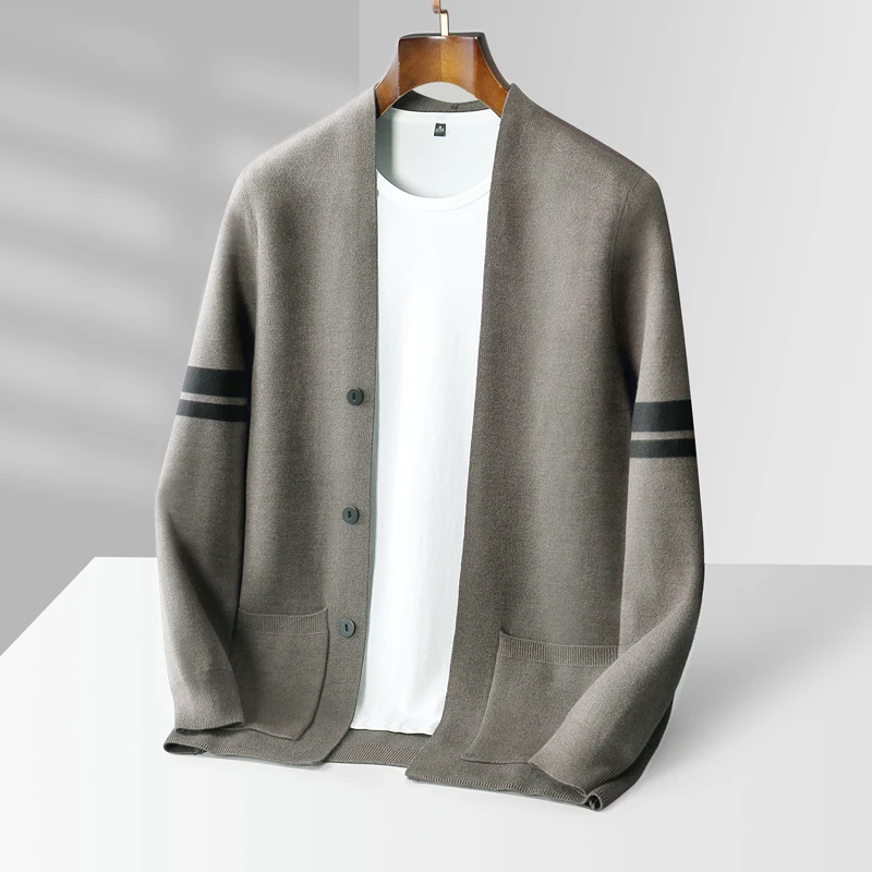 Autumn Winter New Men 100% Pure Wool Sweater Knit Jacket Business Coat Casual Cardigan Loose Cashmere Color Block Sweater