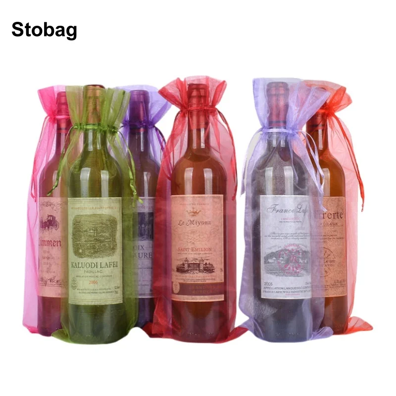 

StoBag 50pcs Color Long Organza Drawstring Bag for Red Wine Packaging Gift Storage Organizer Pouch Reusable Wedding Party Favors