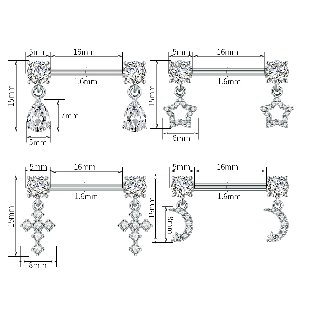 2pcs Cross Star Zircon Dangled Shield Bar Nipple Rings for Women 14G Surgical Steel Cute Cat Lizard Maple Leaves Nipple Piercing