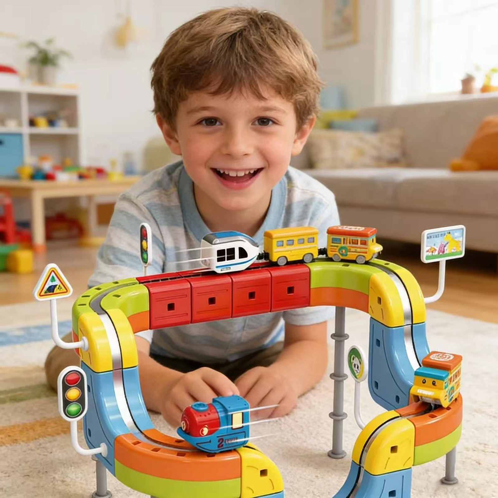 Zestaw kolejowy Track Fusion - 35 elementów, magnetyczna torba na kółkach 3D Infinity z klockami STEM do składania, magiczna elastyczna torba wyścigowa dla dzieci A