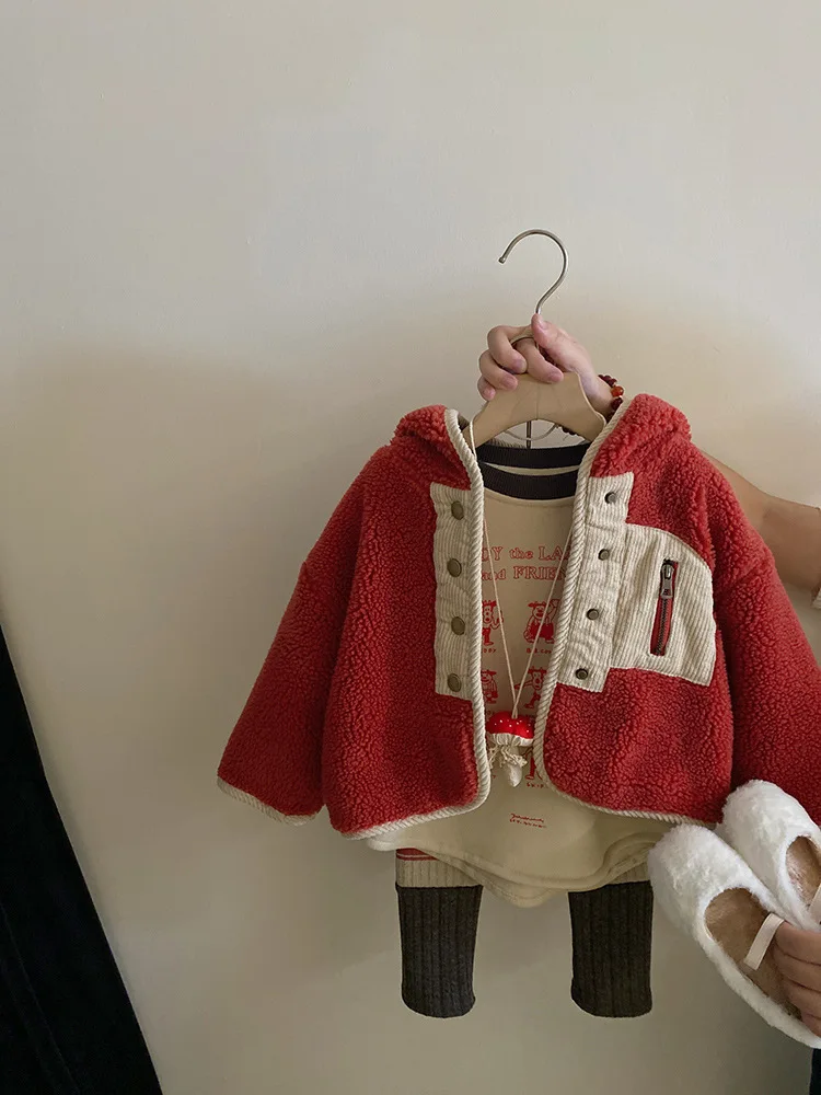 Girls Coat 2024 Autumn New Childrens Wear Korean Style Foreign Style Matching Color Lamb Wool Hooded Coat Casual Simple Daily image 4