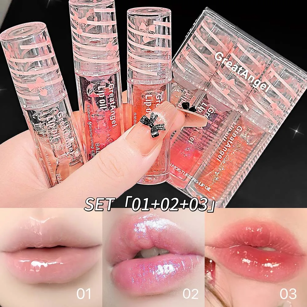 GreatAngel Shimmer Lip Oil Moisturizing Clear Natural Lightweight Hydrating Ballet Ribbon Glass Lip Gloss Makeup Cosmetic