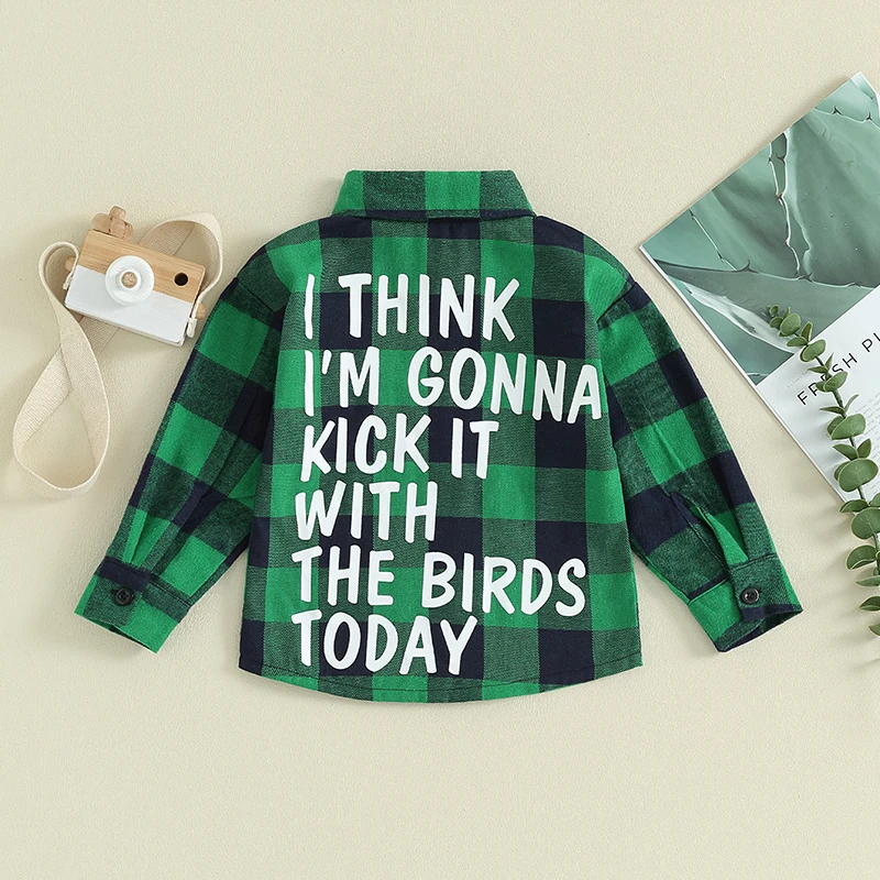 Kids Boys Green Plaid T-Shirts Spring Fall Long Sleeve Plaid Pocket Blouse Shirt Tops Clothes