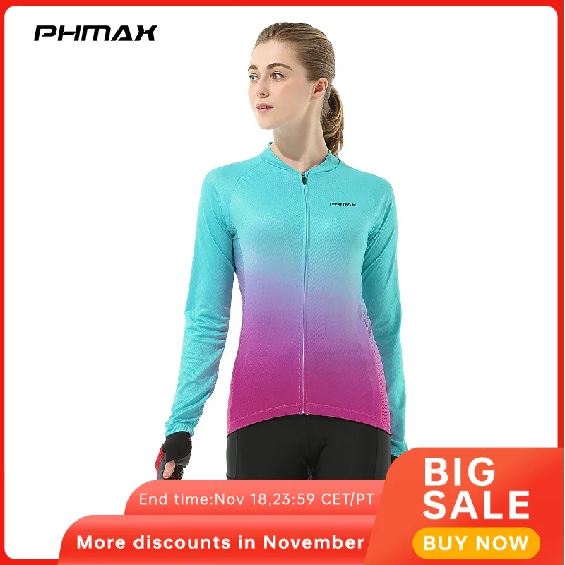 PHMAX Women Cycling Jerseys Autumn Long Sleeve Race Sportswear Bicycle Jerseys MTB Breathable Bike Clothing Female Jersey