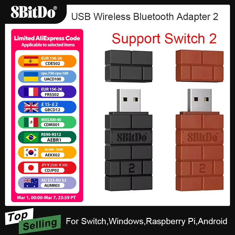 8BitDo USB Wireless Bluetooth Adapter Receiver for Nintendo Switch 2 Windows Mac PS1 for Xbox one PS4 PS5 Switch Pro Controller
