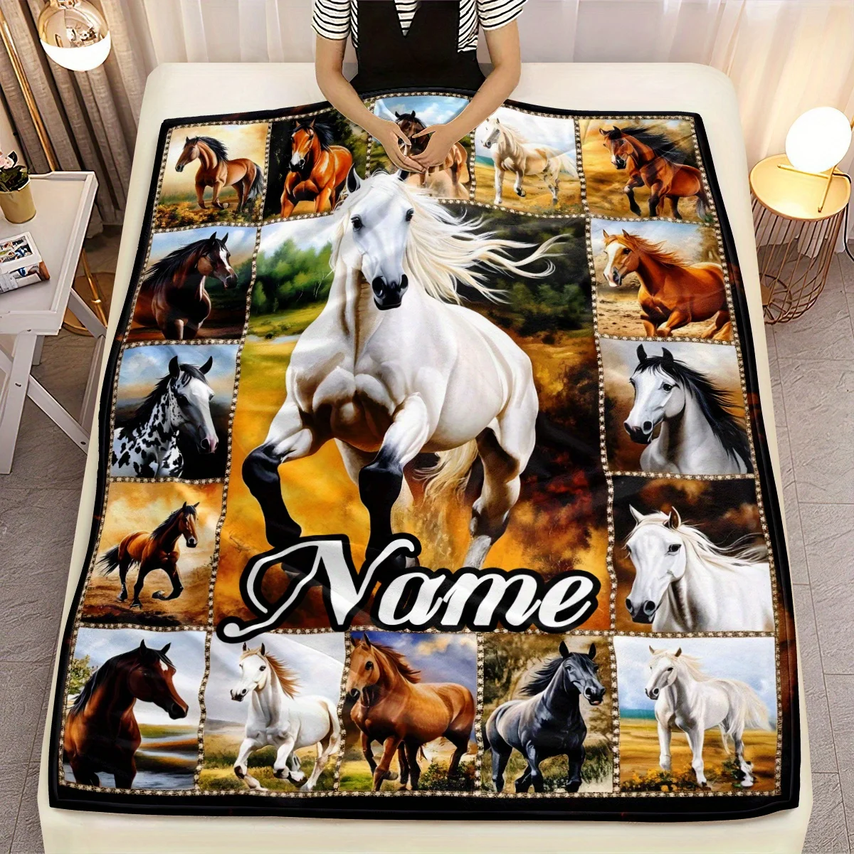 Custom Horse Blanket With Multiple Horse Designs Personalized Name Centered Artistic Collage Soft Fleece Throw Equestrian Gift