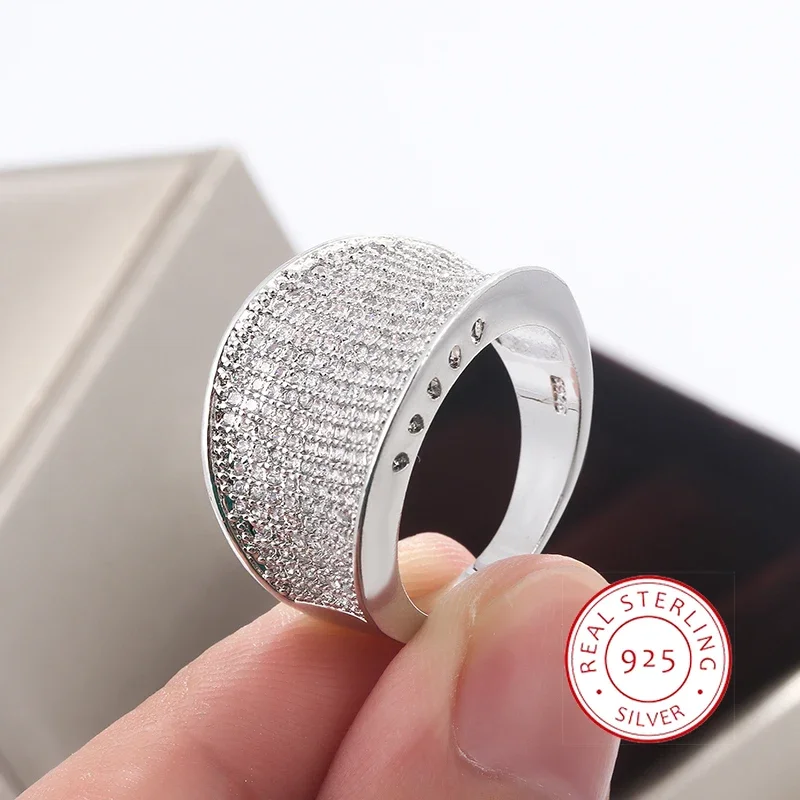 High Quality Silver Color Big Band Ring With Zircon StoneWomen Fashion Wedding Engagement Christmas Present Jewelry 2024 New