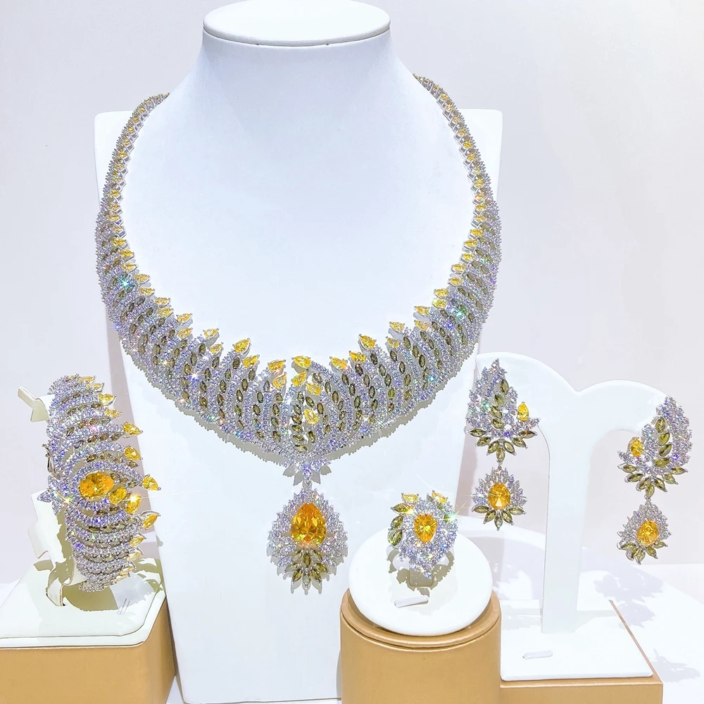 Bridal Yellow CZ Statement Jewelry Set Silver Plated Teardrop Drop Necklace With Olive Stone Accent Wedding Party Jewelry
