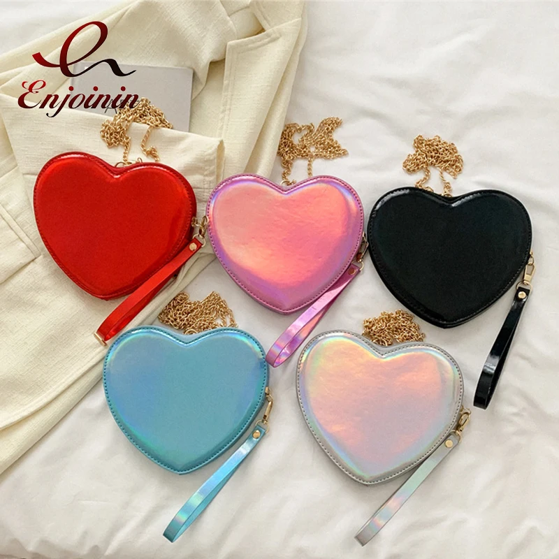 Cute Reflective Heart Shaped Chain Shoulder Bag for Women Kawaii Purses and Handbags Young Girls Small Crossbody Bag Clutch Bag