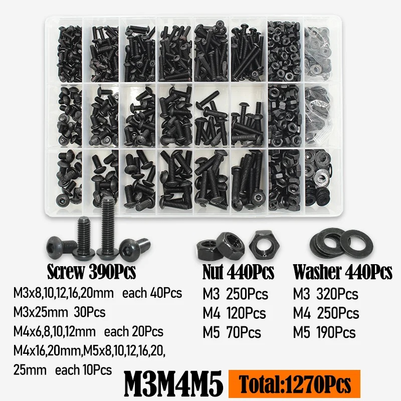 2510-teiliges Rundkopfschrauben-Set M2 M2.5 M3 M4 M5 M6 Schwarz 10.9 Güte Innensechskant-Kopfschrauben Bolzen Muttern Unterlegscheiben ISO7380 – Detail 7