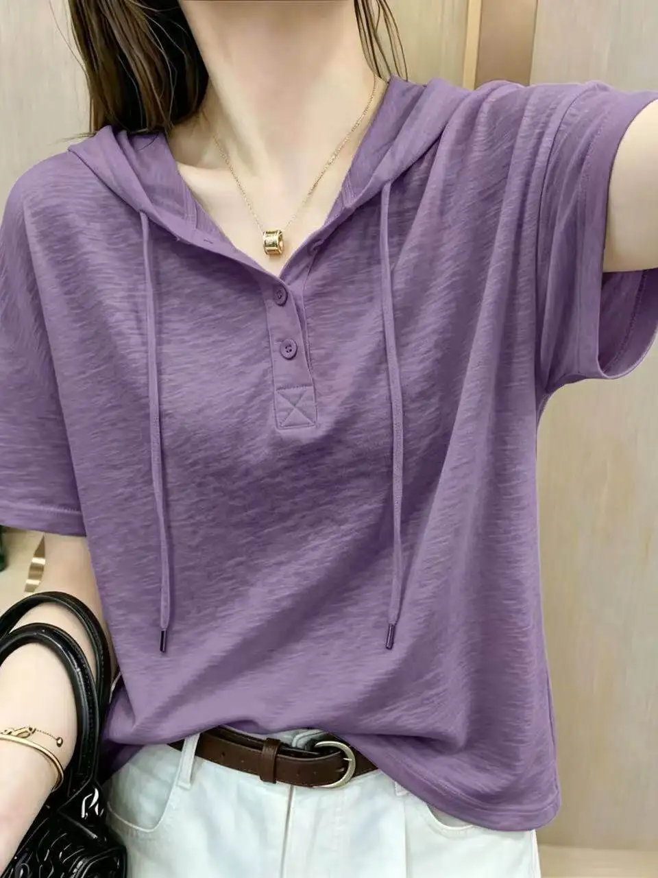 Summer New Women's Loose Fit Cotton Bamboo Ray T-Shirt with Hat Short Sleeve Breathable Comfortable Korean Style Casual Top