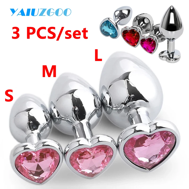 3Pc/Set Anal Plug Heart Stainless Steel Crystal Smooth Toy For Women 3 Size Butt Plug Stimulator Prostate Massager Adult Sex Toy