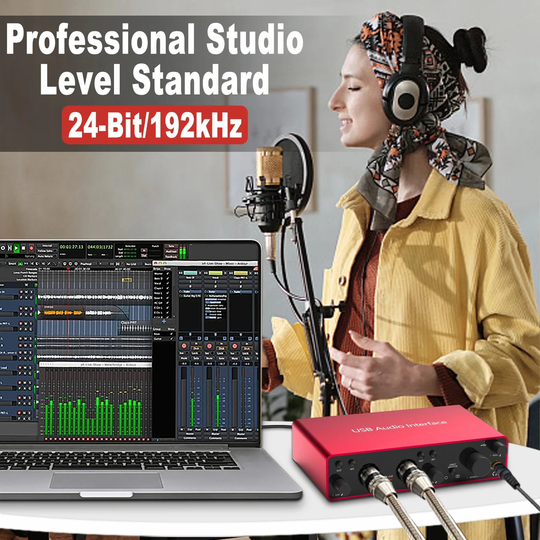 

Professional Studio Condenser Microphone Headphone USB Audio Interface Sound Card Bracket Bundle Kit Podcast Recording