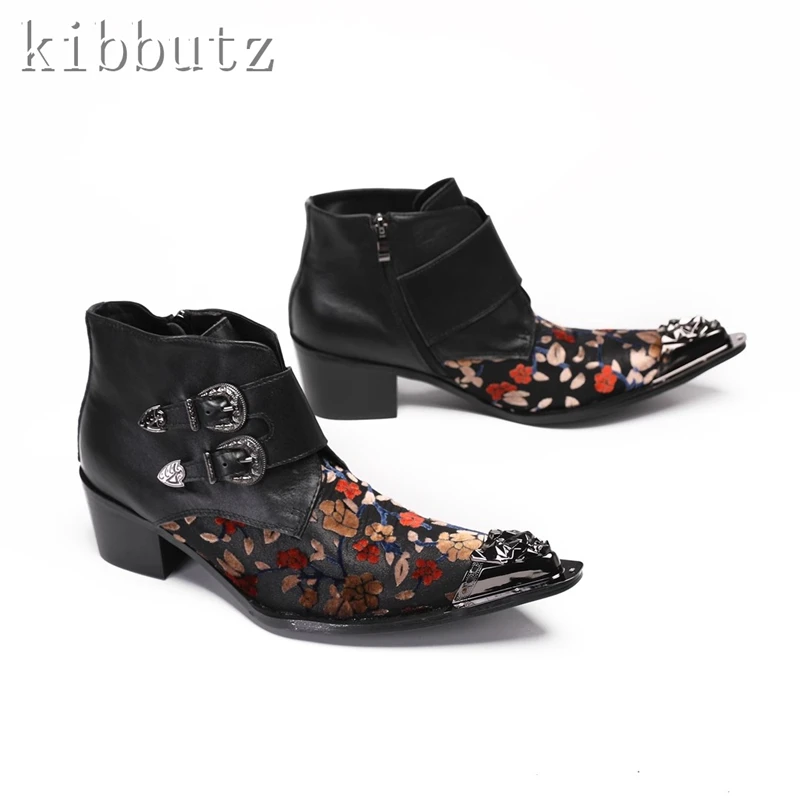 Black Patchwork Printing Men High Heels Boots Genuine Leather Metal Pointed Toe Ankle Boots British Style Dress Shoe