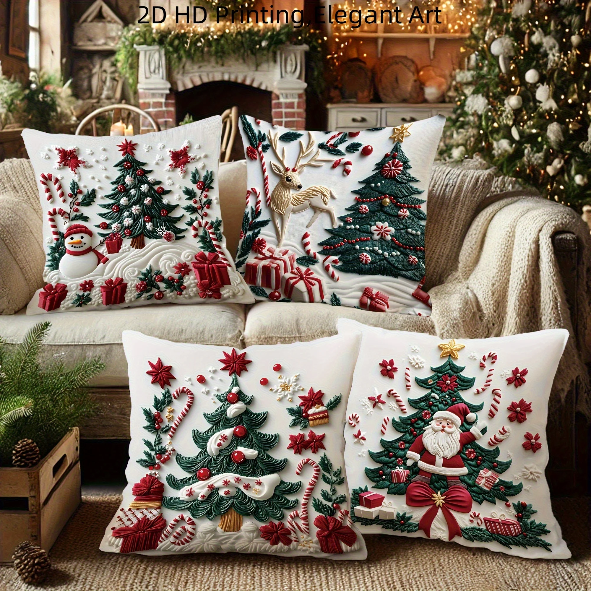 4pcs Christmas Pillow Covers, Snowman Reindeer Santa HD Print, Embossed Polyester, Zipper Washable, for Living Room Decor